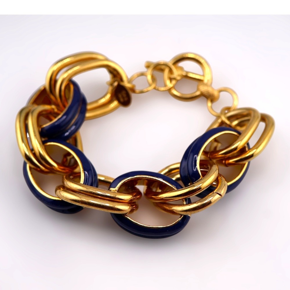 Kenneth Jay Lane KJL Blue Enamel Gold Chunky Chain Link Bracelet NOS Mint Vtg - Picture 2 of 7